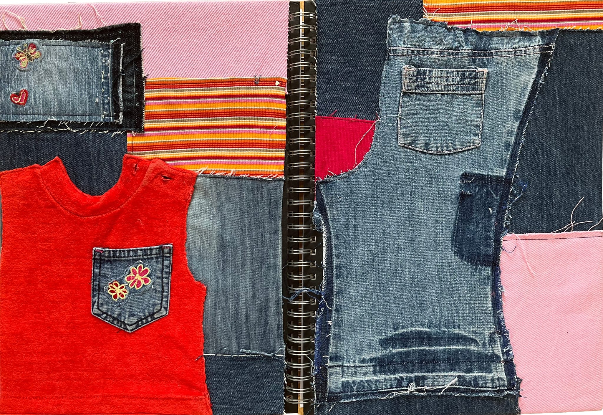 Skizzenbuch-Cover aus gepatchtem Kinderdenim, rotem Cord und Streifenstoff