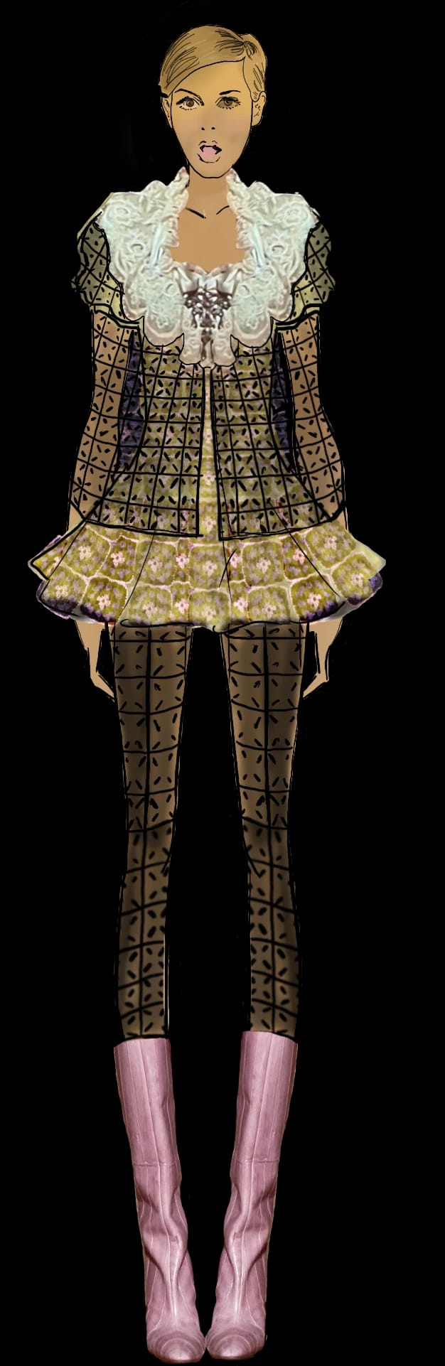 Illustration von Look 01, ein Häkelcape mit Schößchen über gemusterter Schlaghose