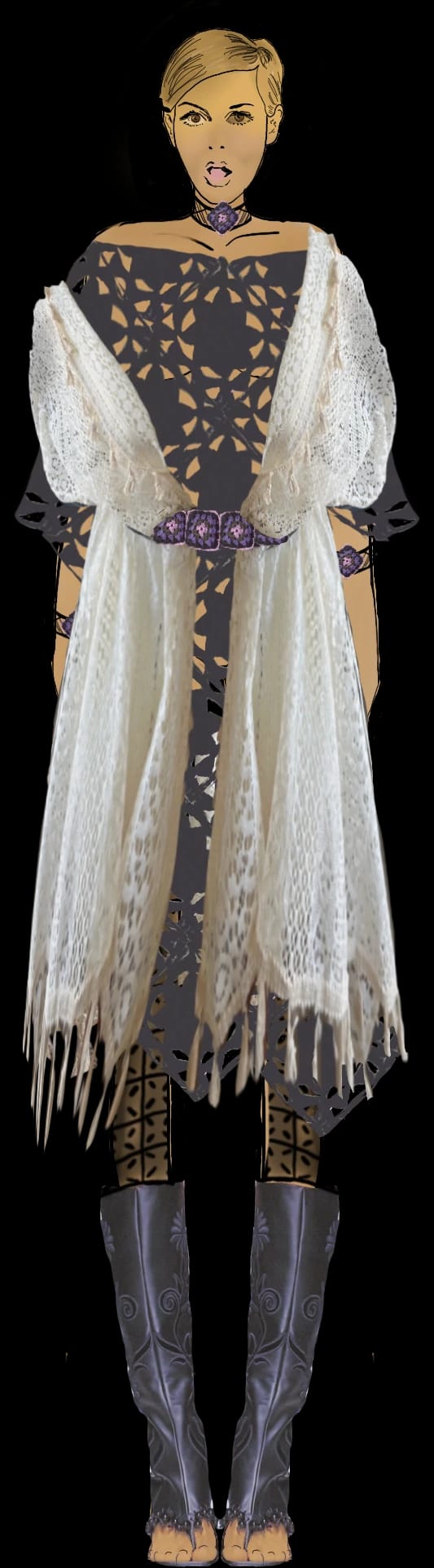 Illustration von Look 04, ein langer weißer Spitzenschal über einem Häkelkleid