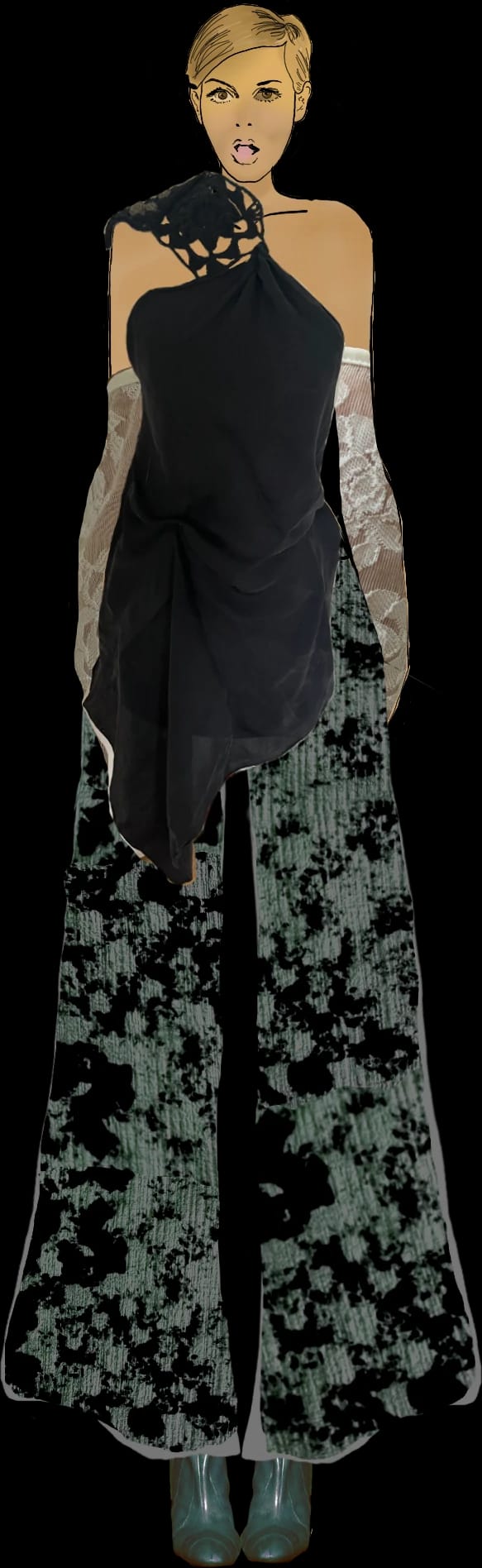 Illustration von Look 06, ein schwarzes Neckholder-Top mit geblümter Schlaghose