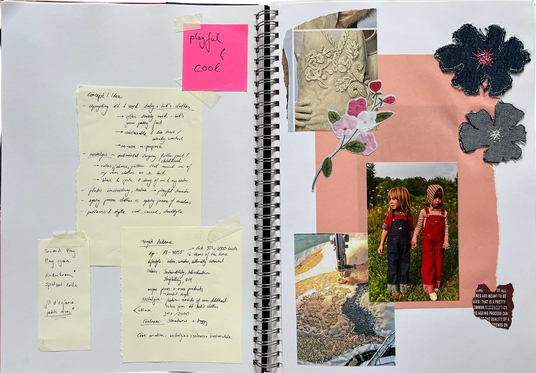 Skizzenbuch-Doppelseite mit handschriftlichen Notizen, einem Kinderfoto und Stoffblumen