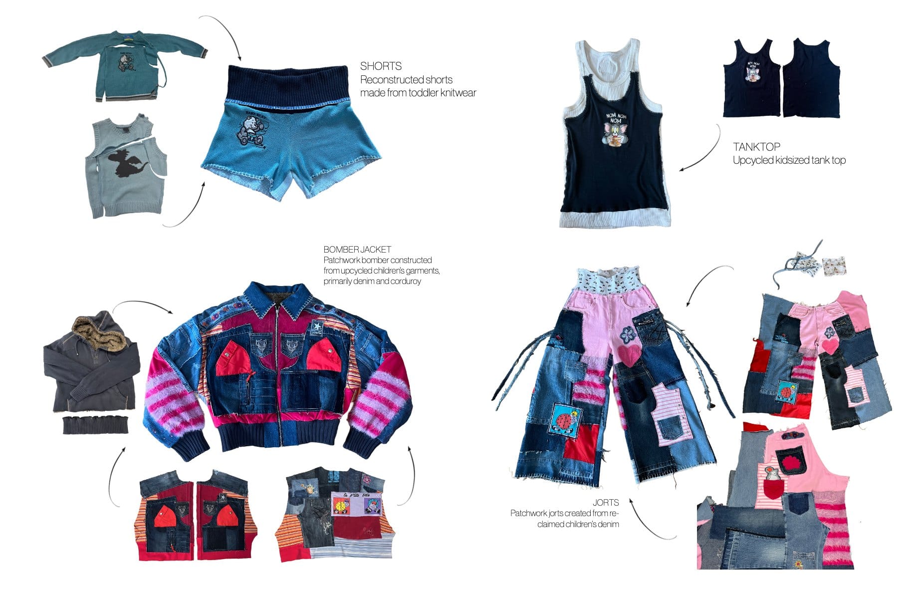 Übersicht der vier Teile mit ihren Ausgangsstücken: Shorts aus Kleinkind-Strick, Tanktop, Patchwork-Bomberjacke und Jorts aus Kinderdenim