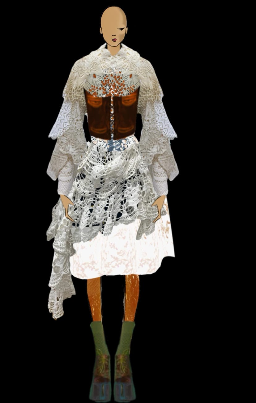 Beschriftete Entwurfsskizze eines Dirndls mit Spitzenbluse und mehrlagiger Schürze