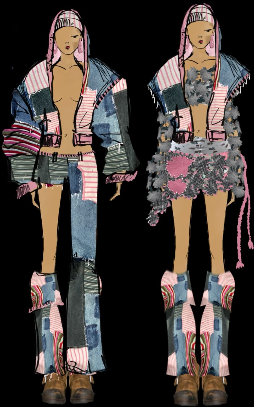 Zwei Modeillustrationen mit Patchworkjacken, Miniröcken und Stulpen